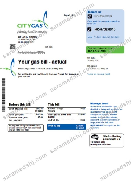 Singapore City Gas utility bill template in Word and PDF format